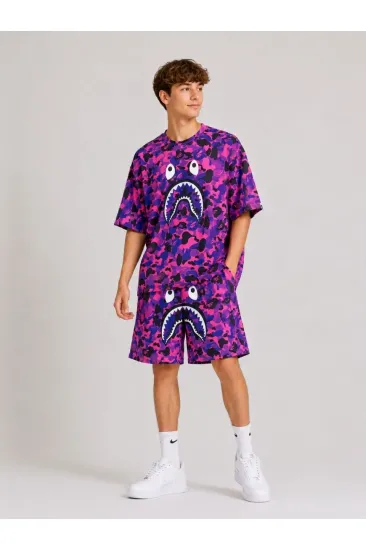Erkek Çocuk Oversize Kalıp Pubg Bape X Shark Nakışlı Cepli Şort Takım - Mor Erkek Çocuk Oversize Kalıp Pubg Bape X Shark Nakışlı Cepli Şort Takım - Mor
