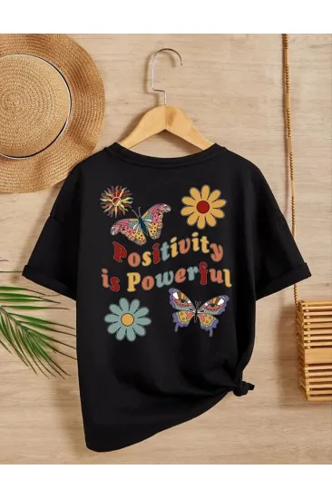 Kız Çocuk Bisiklet Yaka Baskılı T-Shirt - Siyah Kız Çocuk Bisiklet Yaka Baskılı T-Shirt - Siyah