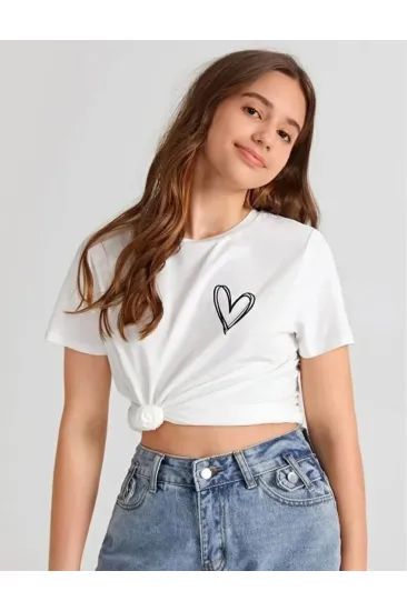 Kız Çocuk Bisiklet Yaka Baskılı T-Shirt - Beyaz Kız Çocuk Bisiklet Yaka Baskılı T-Shirt - Beyaz