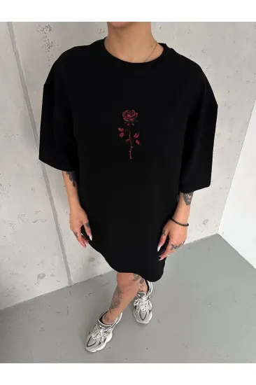 kadın Bisiklet Yaka Baskılı Oversize Kısa kol T-Shirt - Siyah kadın Bisiklet Yaka Baskılı Oversize Kısa kol T-Shirt - Siyah
