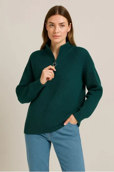 KADIN Yarım Fermuarlı Triko Kazak Selanik Örgü Dik Yaka Pamuklu Dokuma Oversize - Haki KADIN Yarım Fermuarlı Triko Kazak Selanik Örgü Dik Yaka Pamuklu Dokuma Oversize - Haki