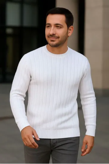 Erkek Bisiklet Yaka Triko Kazak Pamuklu Kalın Fitilli Dokuma Regular Fit - Beyaz Erkek Bisiklet Yaka Triko Kazak Pamuklu Kalın Fitilli Dokuma Regular Fit - Beyaz