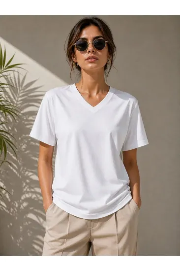Kadın V Yaka Basic Tişört Kısa Kol Yazlık Regular Fit T-Shirt - Beyaz Kadın V Yaka Basic Tişört Kısa Kol Yazlık Regular Fit T-Shirt - Beyaz