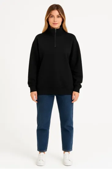 Kadın 3 İplik Pamuklu Dık Yaka Yarım Fermuarlı SweatShirt - Siyah Kadın 3 İplik Pamuklu Dık Yaka Yarım Fermuarlı SweatShirt - Siyah