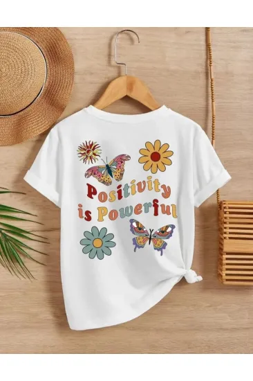 Kız Çocuk Bisiklet Yaka Baskılı T-Shirt - Beyaz Kız Çocuk Bisiklet Yaka Baskılı T-Shirt - Beyaz