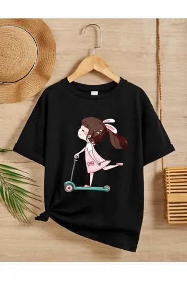 Kız Çocuk Bisiklet Yaka Baskılı T-Shirt - Siyah Kız Çocuk Bisiklet Yaka Baskılı T-Shirt - Siyah