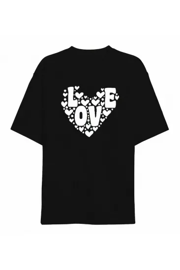 14 Şubat Sevgililer Günü Love Kalp Baskılı Oversize Bisiklet Yaka T-shirt - Siyah