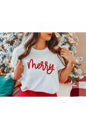 Yılbaşı Merry Christmas Baskılı Kısa Kollu Oversize Bisiklet Yaka T-shirt - Beyaz
