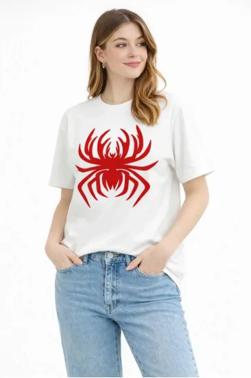 Kadın Örümcek Baskılı Tişört Kısa Kollu Bisiklet Yaka T-Shirt - Beyaz Kadın Örümcek Baskılı Tişört Kısa Kollu Bisiklet Yaka T-Shirt - Beyaz