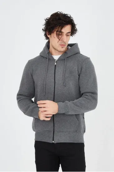 Erkek 3 İplik Pamuklu Fermuarlı Kapüşonlu Kanguru Cepli Hoodie Hırka Sweatshirt - Füme Erkek 3 İplik Pamuklu Fermuarlı Kapüşonlu Kanguru Cepli Hoodie Hırka Sweatshirt - Füme