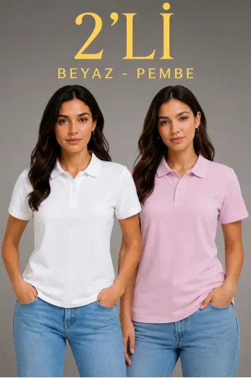 2'li Kadın Polo Yaka Pike Kumaş Düğmeli Basic Tişört Günlük Rahat Kesim - Beyaz, Pembe 2'li Kadın Polo Yaka Pike Kumaş Düğmeli Basic Tişört Günlük Rahat Kesim - Beyaz, Pembe