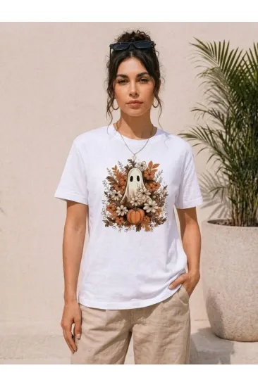 Kadın Balkabağı Hayalet Baskılı Tişört Kısa Kol Yazlık T-Shirt - Beyaz Kadın Balkabağı Hayalet Baskılı Tişört Kısa Kol Yazlık T-Shirt - Beyaz