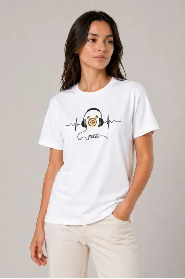 Kadın Müzik Temalı Baskılı Tişört Bisiklet Yaka Kısa Kol T-Shirt - Beyaz Kadın Müzik Temalı Baskılı Tişört Bisiklet Yaka Kısa Kol T-Shirt - Beyaz