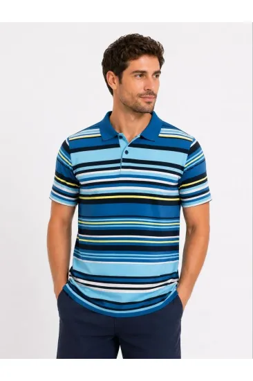 Erkek Çizgili Polo Yaka Tişört Kısa Kol Yazlık T-Shirt Regular Fit - Mavi Erkek Çizgili Polo Yaka Tişört Kısa Kol Yazlık T-Shirt Regular Fit - Mavi
