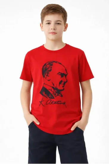 Erkek Çocuk Atatürk Baskılı Tişört Kısa Kollu Bisiklet Yaka T-Shirt - Kırmızı Erkek Çocuk Atatürk Baskılı Tişört Kısa Kollu Bisiklet Yaka T-Shirt - Kırmızı