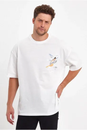 Erkek Kısa Kol Tişört Bisiklet Yaka MELEK Baskılı Oversize T-Shirt - Beyaz Erkek Kısa Kol Tişört Bisiklet Yaka MELEK Baskılı Oversize T-Shirt - Beyaz
