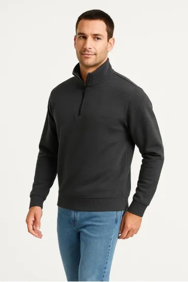 Erkek Dik Yaka Yarım Fermuarlı 3 İplik Pamuklu Sweatshirt - Antrasit Erkek Dik Yaka Yarım Fermuarlı 3 İplik Pamuklu Sweatshirt - Antrasit