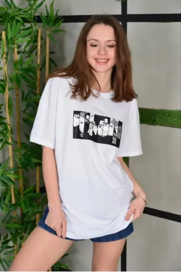Kadın Bisiklet Yaka Baskılı Kısa kol Oversize T-Shirt - Beyaz Kadın Bisiklet Yaka Baskılı Kısa kol Oversize T-Shirt - Beyaz