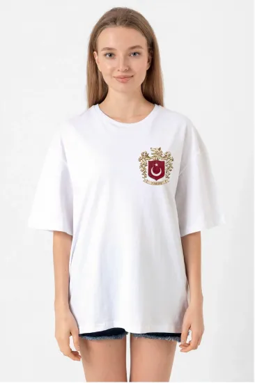 Türk Arma Baskılı Oversize Bisiklet Yaka Günlük T-shirt - Beyaz Türk Arma Baskılı Oversize Bisiklet Yaka Günlük T-shirt - Beyaz