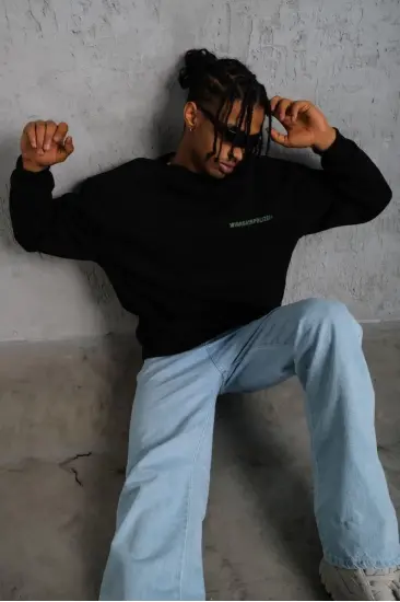 Erkek Bisiklet Yaka Baskılı 3 iplik pamuklu Sweatshirt - Siyah Erkek Bisiklet Yaka Baskılı 3 iplik pamuklu Sweatshirt - Siyah