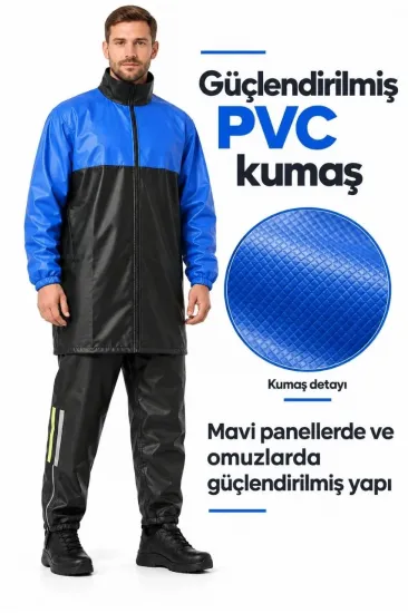 Erkek Mavi Siyah Su Geçirmez Reflektörlü Motorcu Yağmurluk Takımı Uzun Ceket Fermuarlı Paça Erkek Mavi Siyah Su Geçirmez Reflektörlü Motorcu Yağmurluk Takımı Uzun Ceket Fermuarlı Paça