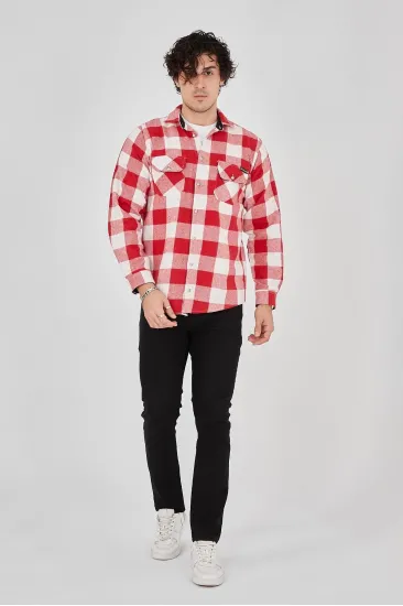 Erkek Oduncu Gömlek Uzun Kollu Şardonlu Kareli Desen Regular Fit Manşetli Çift - Pembe Erkek Oduncu Gömlek Uzun Kollu Şardonlu Kareli Desen Regular Fit Manşetli Çift - Pembe