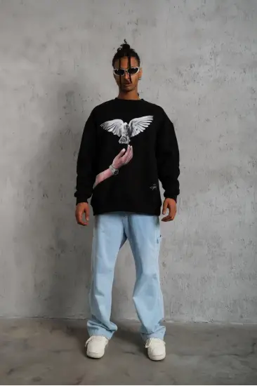 Erkek Güvercin Baskılı 3 iplik Bisiklet Yaka ipamuklu Sweatshirt - Siyah Erkek Güvercin Baskılı 3 iplik Bisiklet Yaka ipamuklu Sweatshirt - Siyah