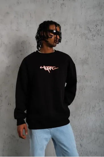Erkek 3 İplik Pamuklu Bisiklet Yaka Gangster Baskılı Sweatshirt - Siyah Erkek 3 İplik Pamuklu Bisiklet Yaka Gangster Baskılı Sweatshirt - Siyah
