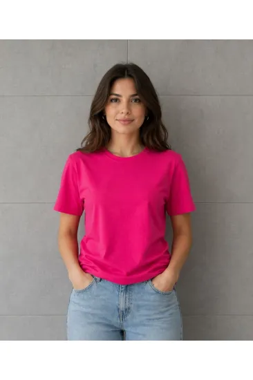 Kadın Basic Pamuklu Tişört Bisiklet Yaka Düz Renk Relaxed Fit T-Shirt - Fuşya Kadın Basic Pamuklu Tişört Bisiklet Yaka Düz Renk Relaxed Fit T-Shirt - Fuşya