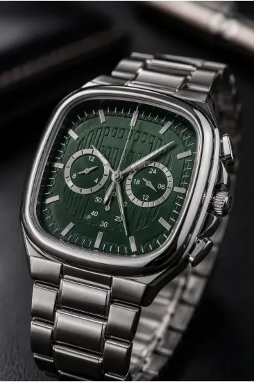 Erkek Gümüş Metal Kordon Analog Kol Saati Yeşil Kadran Takvim Göstergeli - Gümüş