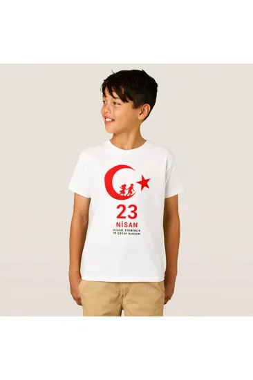 Çocuk 23 Nisan Ulusal Egemenlik ve Çocuk Bayramı Baskılı Bisiklet Yaka T-shirt - Beyaz Çocuk 23 Nisan Ulusal Egemenlik ve Çocuk Bayramı Baskılı Bisiklet Yaka T-shirt - Beyaz