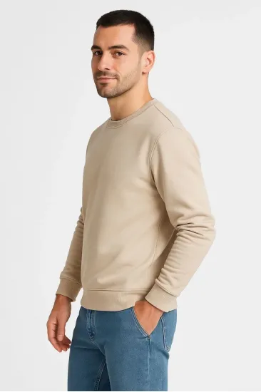 Erkek 3 İplik Pamuklu Düz Bisiklet Yaka SweatShirt - Bej Erkek 3 İplik Pamuklu Düz Bisiklet Yaka SweatShirt - Bej