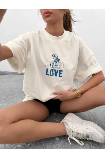 kadın Bisiklet Yaka Baskılı oversize Kısa kol T-Shirt - Beyaz kadın Bisiklet Yaka Baskılı oversize Kısa kol T-Shirt - Beyaz
