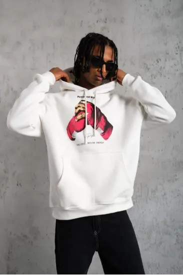 Erkek Kapüşonlu Cepli Boks Eldiven Baskılı 3 İplik Sweatshirt Hoodie - Beyaz Erkek Kapüşonlu Cepli Boks Eldiven Baskılı 3 İplik Sweatshirt Hoodie - Beyaz