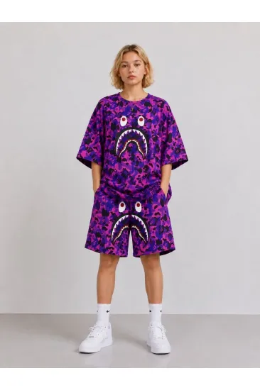 Kız Çocuk Oversize Kalıp Pubg Bape X Shark Nakışlı Cepli Şort Takım - Mor Kız Çocuk Oversize Kalıp Pubg Bape X Shark Nakışlı Cepli Şort Takım - Mor