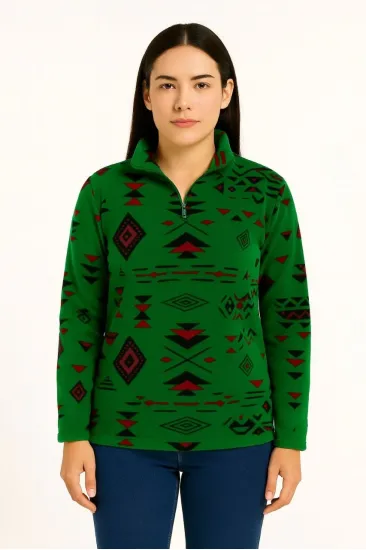 Kadın Yarım Fermuarlı Desenli Polar Sweat Tribal Etnik Desen Yakalı Uzun Kollu - Yeşil Kadın Yarım Fermuarlı Desenli Polar Sweat Tribal Etnik Desen Yakalı Uzun Kollu - Yeşil