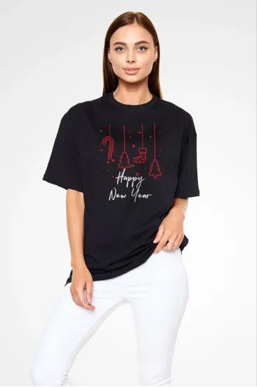 kadın Bisiklet Yaka Kısa kol Baskılı Oversize T-Shirt - Siyah kadın Bisiklet Yaka Kısa kol Baskılı Oversize T-Shirt - Siyah