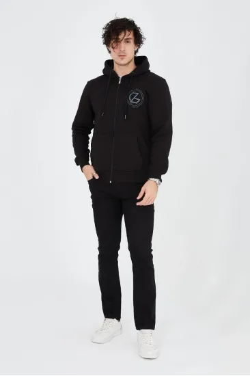 Erkek 3 İplik Pamuklu Fermuarlı Kapüşonlu Kanguru Cepli Baskılı Hoodie Hırka Sweatshirt - Siyah Erkek 3 İplik Pamuklu Fermuarlı Kapüşonlu Kanguru Cepli Baskılı Hoodie Hırka Sweatshirt - Siyah