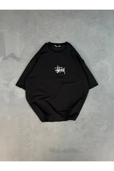 kadın Bisiklet Yaka Baskılı Oversize Kısa kol T-Shirt - Siyah kadın Bisiklet Yaka Baskılı Oversize Kısa kol T-Shirt - Siyah