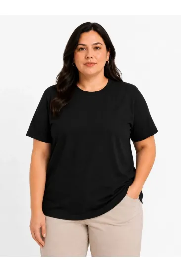 Kadın Battal Big Size Basic Tişört Bisiklet Yaka Rahat Kalıp T-Shirt - Siyah Kadın Battal Big Size Basic Tişört Bisiklet Yaka Rahat Kalıp T-Shirt - Siyah