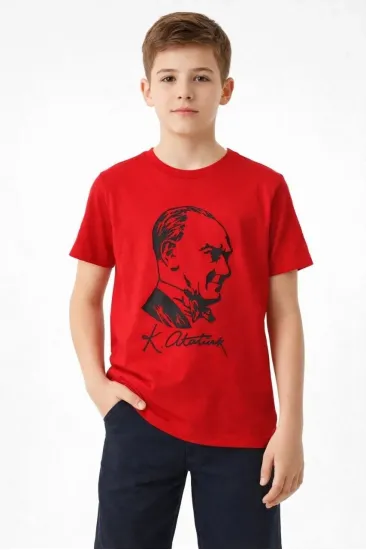 Erkek Çocuk Atatürk Baskılı Tişört Kısa Kollu Bisiklet Yaka T-Shirt - Kırmızı Erkek Çocuk Atatürk Baskılı Tişört Kısa Kollu Bisiklet Yaka T-Shirt - Kırmızı