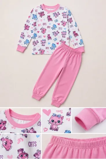 Kız Çocuk Premium Penye Kedi Desenli Uzun Kollu Pijama Takımı 2-11 Yaş - Pembe Kız Çocuk Premium Penye Kedi Desenli Uzun Kollu Pijama Takımı 2-11 Yaş - Pembe