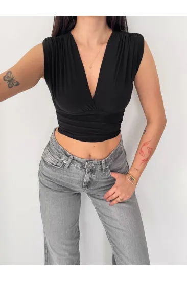 Kadın Vatkalı Kolsuz V Yaka Drapeli Crop Bluz Likralı Fit - Siyah Kadın Vatkalı Kolsuz V Yaka Drapeli Crop Bluz Likralı Fit - Siyah