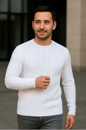 Erkek Bisiklet Yaka Triko Kazak Pamuklu Kalın Fitilli Dokuma Regular Fit - Beyaz Erkek Bisiklet Yaka Triko Kazak Pamuklu Kalın Fitilli Dokuma Regular Fit - Beyaz