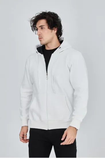 Erkek 3 İplik Pamuklu Fermuarlı Kapüşonlu Kanguru Cepli Hoodie Hırka Sweatshirt - Beyaz Erkek 3 İplik Pamuklu Fermuarlı Kapüşonlu Kanguru Cepli Hoodie Hırka Sweatshirt - Beyaz