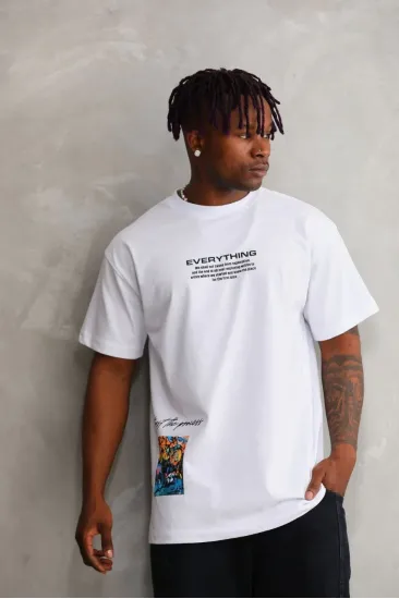Erkek Bisiklet Yaka Baskılı Oversize T-Shirt - Beyaz Erkek Bisiklet Yaka Baskılı Oversize T-Shirt - Beyaz