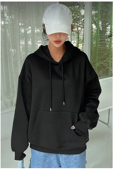 Kadın Kapüşonlu Kanguru Cepli 3 İplik Pamuklu Oversize Hoodie Sweatshirt - Siyah Kadın Kapüşonlu Kanguru Cepli 3 İplik Pamuklu Oversize Hoodie Sweatshirt - Siyah