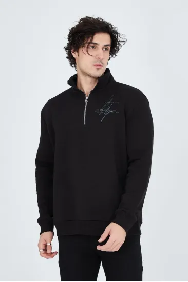 Erkek Yarım Fermuarlı Baskılı 3 iplik pamuklu sweatshirt - Siyah Erkek Yarım Fermuarlı Baskılı 3 iplik pamuklu sweatshirt - Siyah