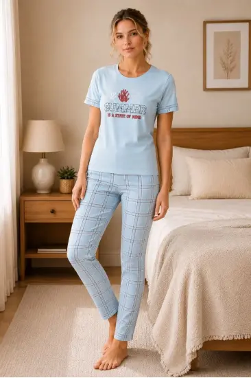 Kadın Pamuklu Penye Baskılı Kısa Kollu Bisiklet Yaka Ekose Desenli Pijama Takımı - Mavi Kadın Pamuklu Penye Baskılı Kısa Kollu Bisiklet Yaka Ekose Desenli Pijama Takımı - Mavi