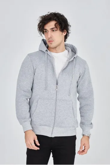 Erkek 3 İplik Pamuklu Fermuarlı Kapüşonlu Kanguru Cepli Hoodie Hırka Sweatshirt - Gri Erkek 3 İplik Pamuklu Fermuarlı Kapüşonlu Kanguru Cepli Hoodie Hırka Sweatshirt - Gri
